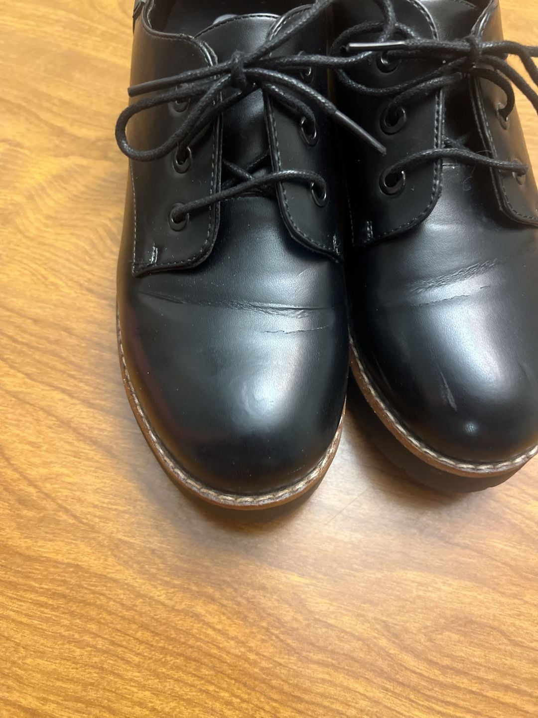 Emmshu Black Faux Leather Lace-Up Chunky Heel Oxford Shoes 10