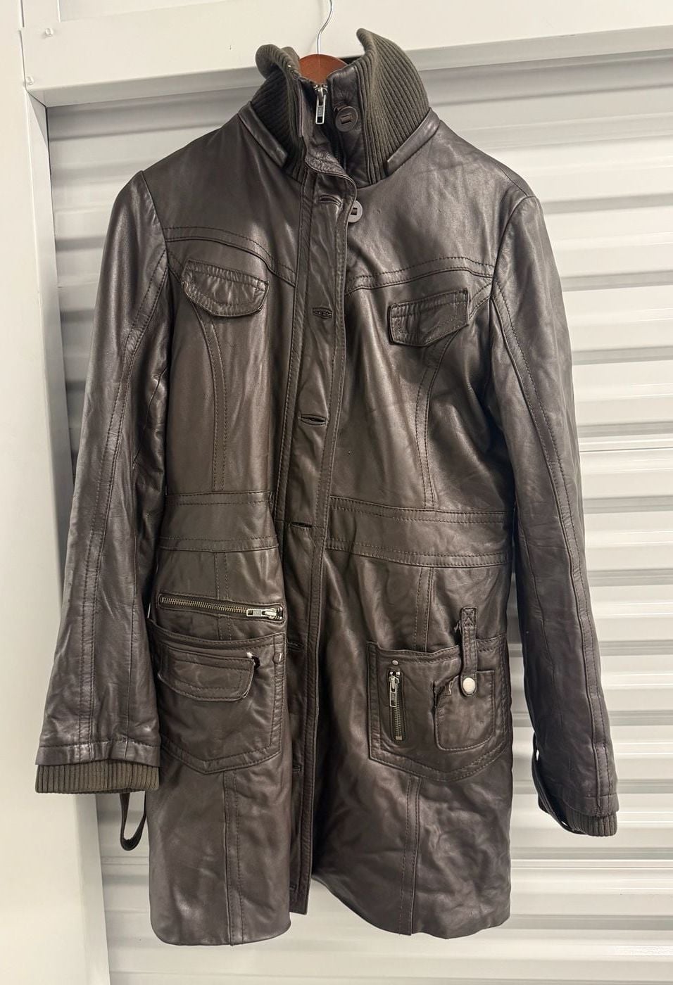 Miss Top Gun Vintage Brown Leather Trench Coat Pinup Lined Size XL 2
