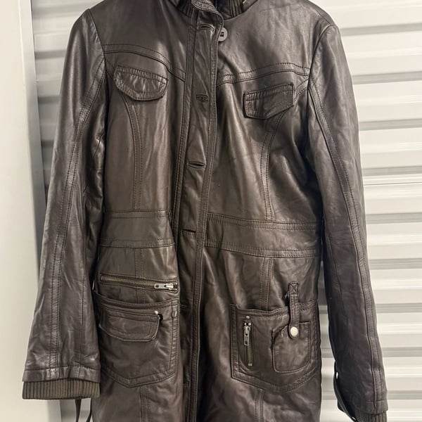 Miss Top Gun Vintage Brown Leather Trench Coat Pinup Lined Size XL