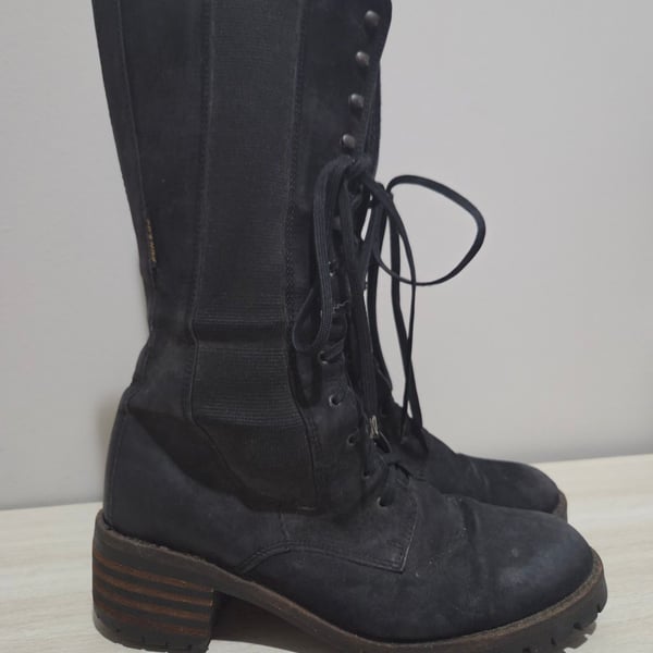 Fun & Go Black Suede Knee-High Lace-Up Combat Boots with Lug Sole