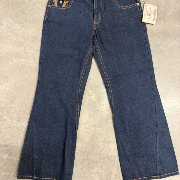 True Religion Dark Wash Bootcut Denim Jeans with Gold Horseshoe Back Pockets Size 38