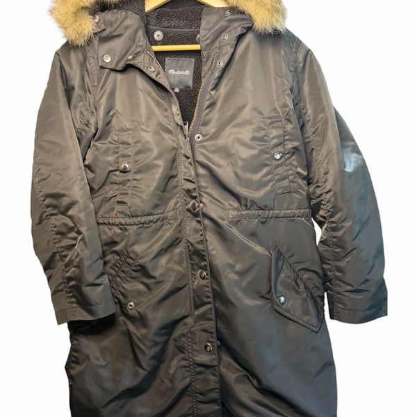 Madewell Faux Fur Hooded Utility Parka Jacket Black Size XS