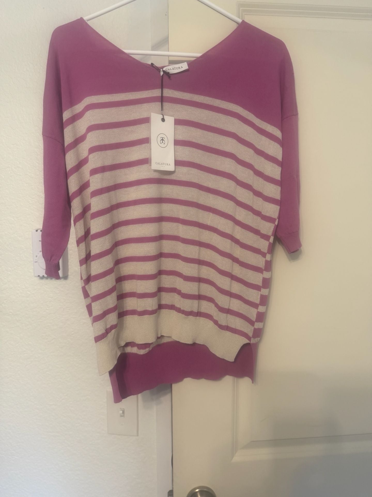 Calatura Pink and Cream Striped Short Sleeve Lightweight Sweater Top 2