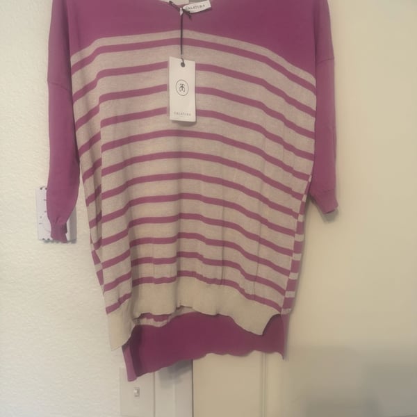 Calatura Pink and Cream Striped Short Sleeve Lightweight Sweater Top