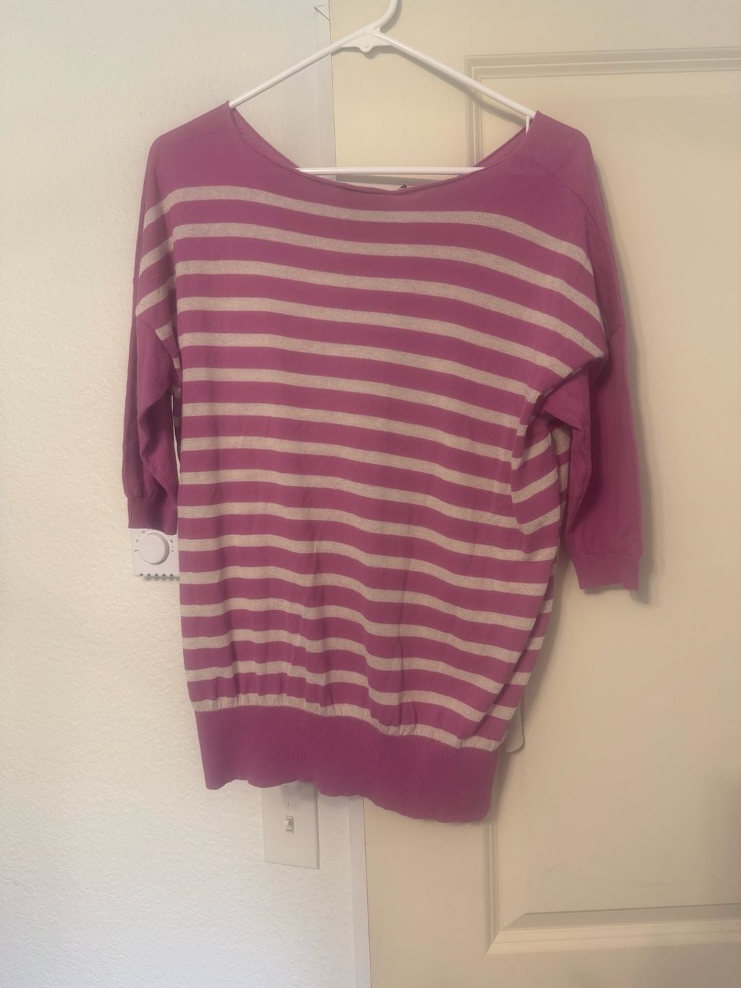 Calatura Pink and Cream Striped Short Sleeve Lightweight Sweater Top 3