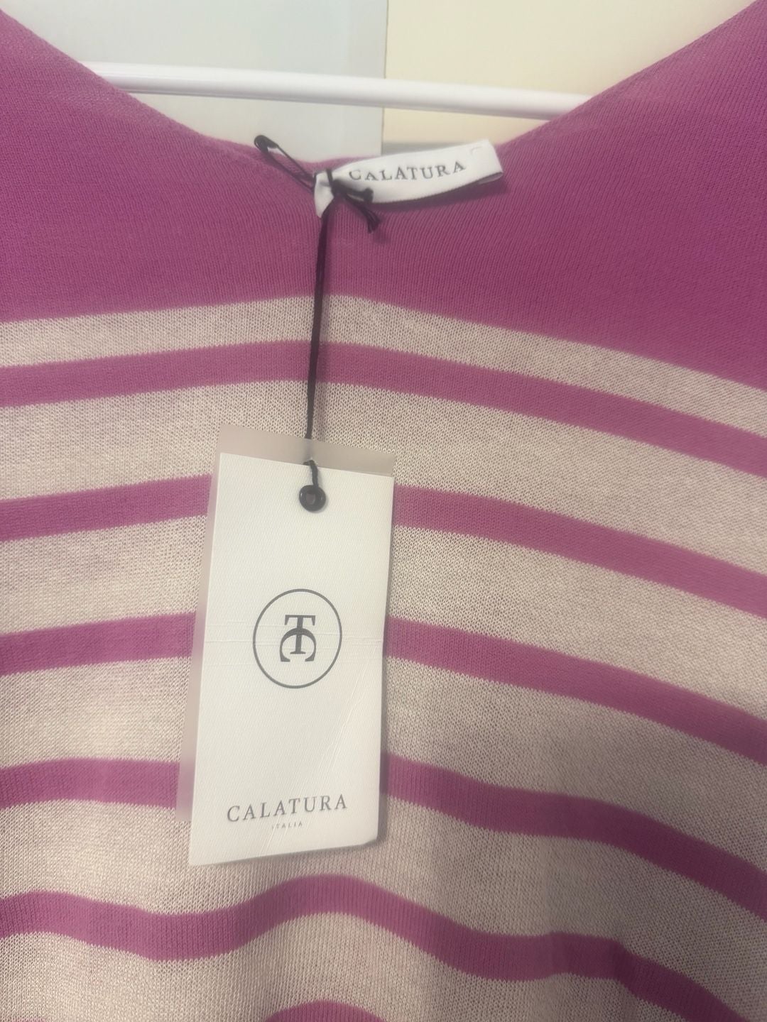 Calatura Pink and Cream Striped Short Sleeve Lightweight Sweater Top 5