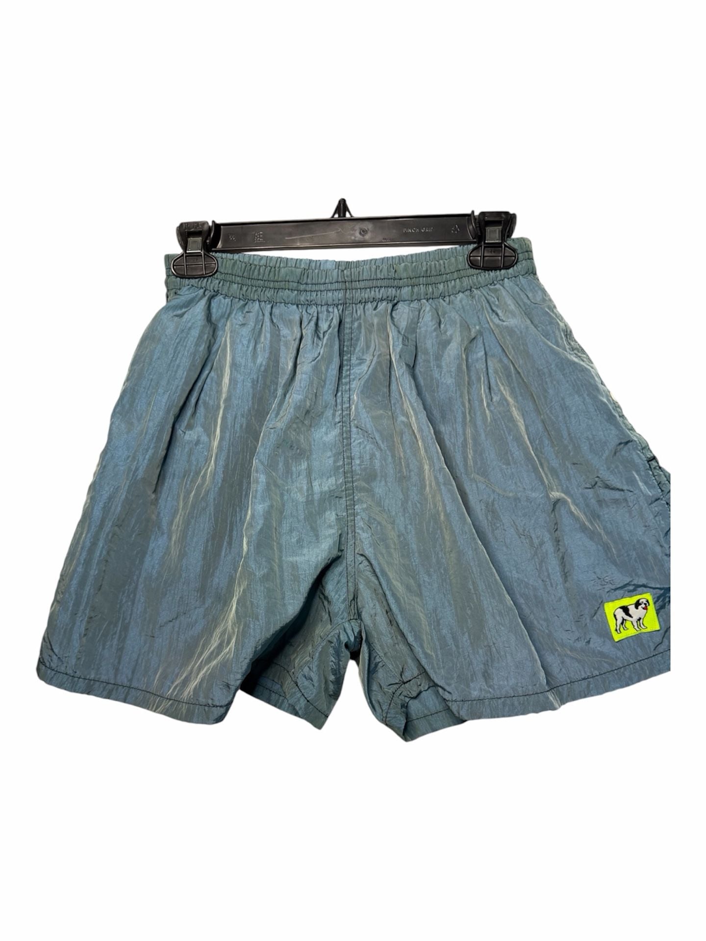 Vintage Nylon Blue Surf Shorts with Dog Graphic Patch Size M 2