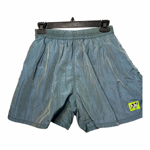 Vintage Nylon Blue Surf Shorts with Dog Graphic Patch Size M