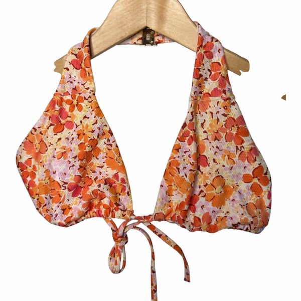 Rhythm Orange Pink Floral Halter Bikini Swim Top Size Medium