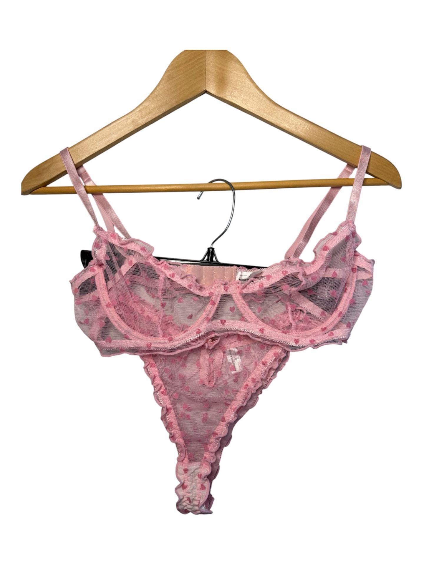 Moxy Intimates Pink Mesh Heart Print Underwire Bra and Thong Set 1