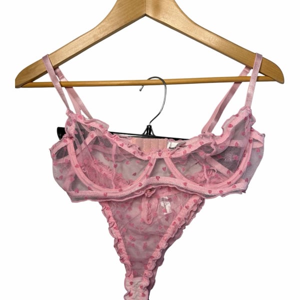 Moxy Intimates Pink Mesh Heart Print Underwire Bra and Thong Set