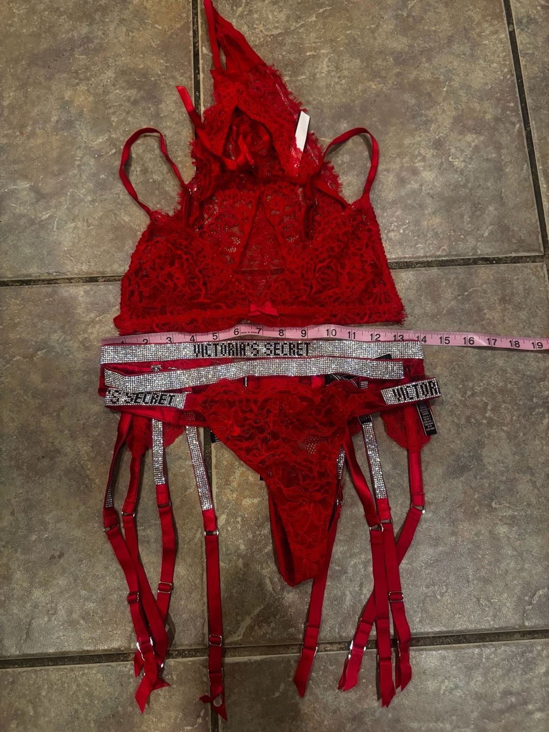 Victoria's Secret Red Shine Strap Lingerie Set Teddy and Thong 8