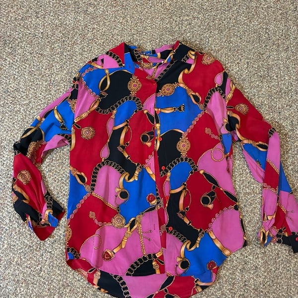 Vintage Silk Blouse Equestrian Chain Print Red Black Gold Long Sleeve Button Down Shirt
