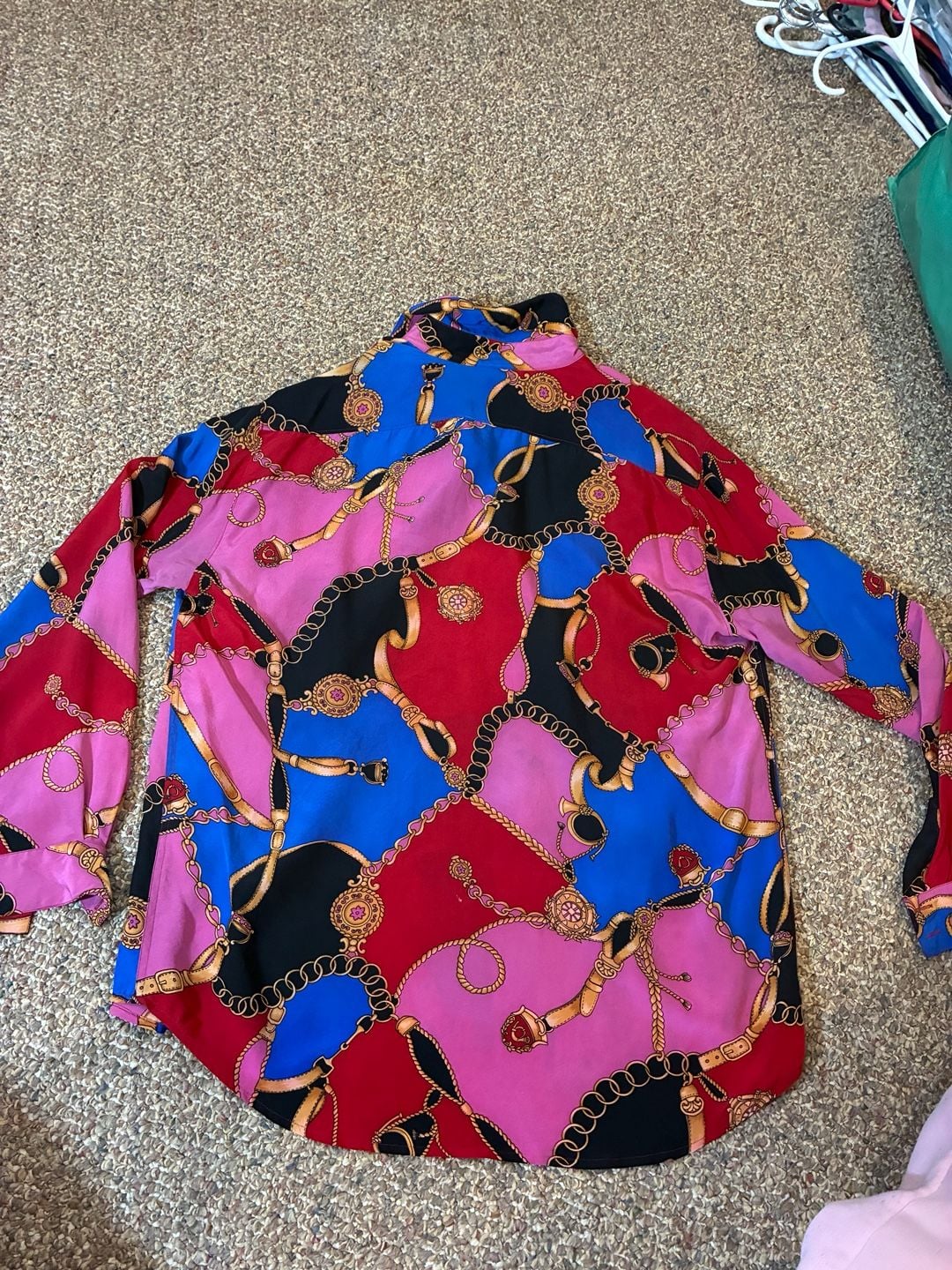 Vintage Silk Blouse Equestrian Chain Print Red Black Gold Long Sleeve Button Down Shirt 9