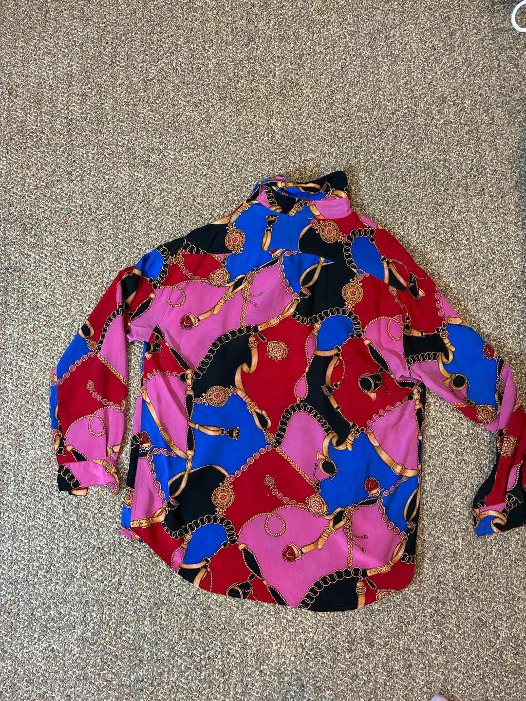 Vintage Silk Blouse Equestrian Chain Print Red Black Gold Long Sleeve Button Down Shirt 10