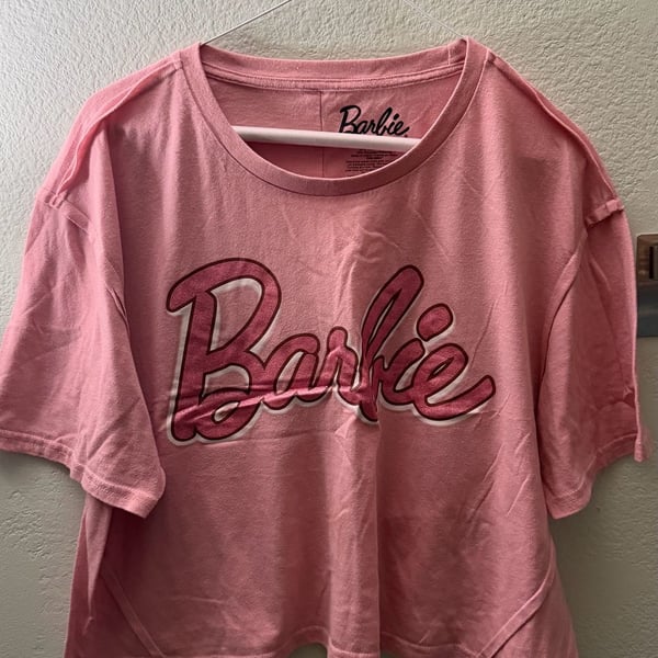 Barbie Pink Rhinestone Logo Oversized T-Shirt Women’s XL Mattel 2023