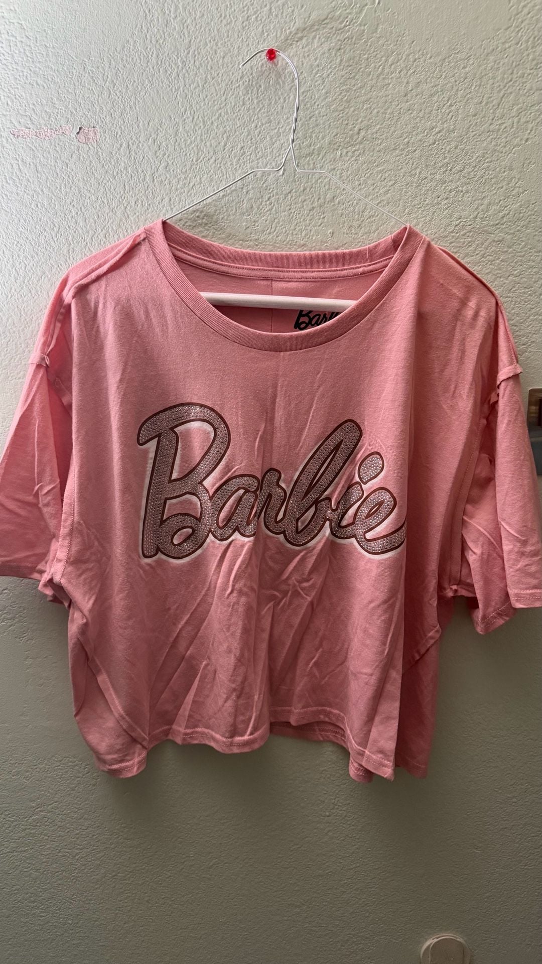 Barbie Women’s XL Pink Rhinestone Logo Oversized T-Shirt Mattel 2023 2