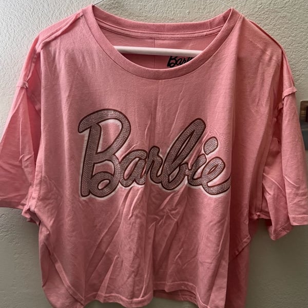 Barbie Women’s XL Pink Rhinestone Logo Oversized T-Shirt Mattel 2023