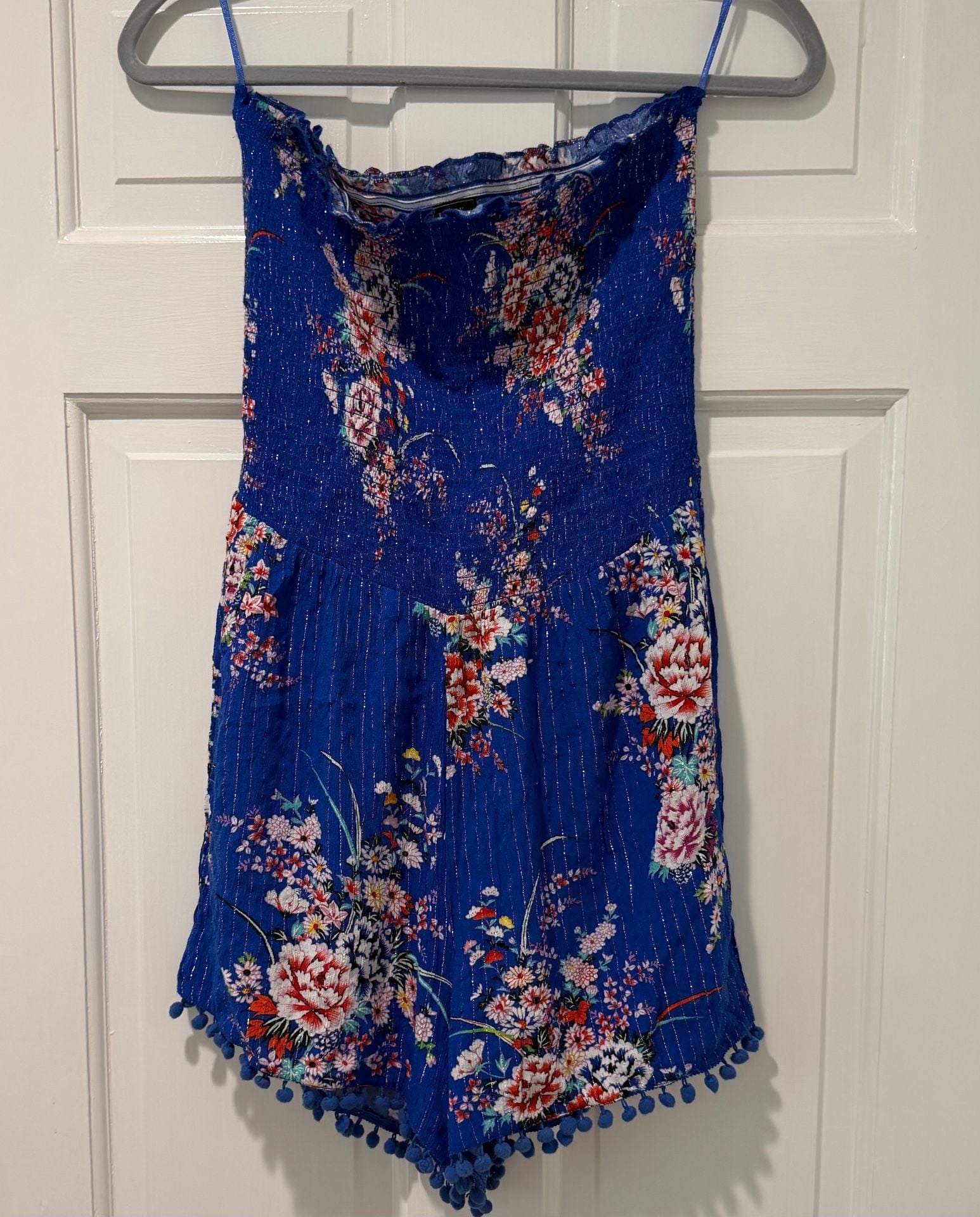 Gen Z Cottagecore HipsterLipsy London Blue Floral Metallic Pom Pom Hem Romper 2