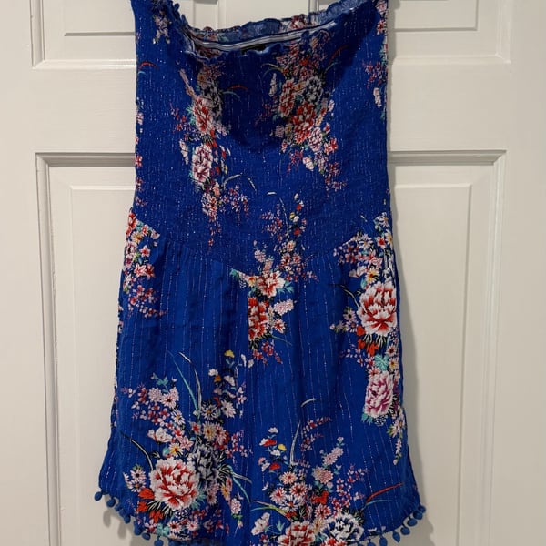 Gen Z Cottagecore HipsterLipsy London Blue Floral Metallic Pom Pom Hem Romper 