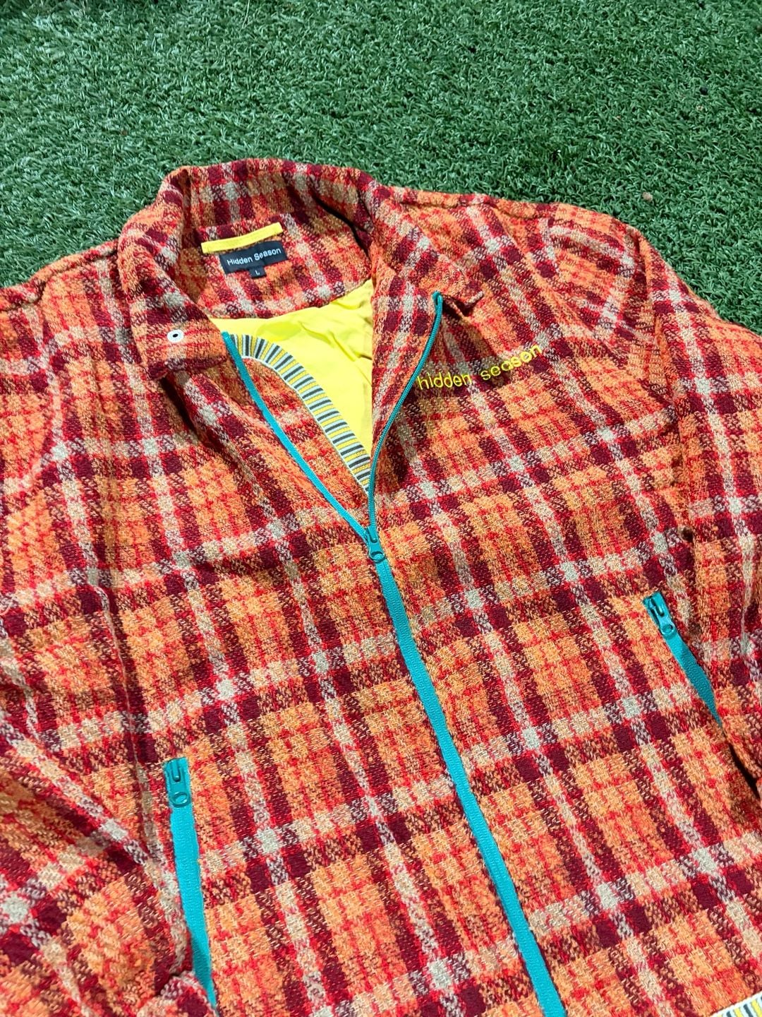Hidden Season Red Plaid Tweed Zip Jacket Size L 3