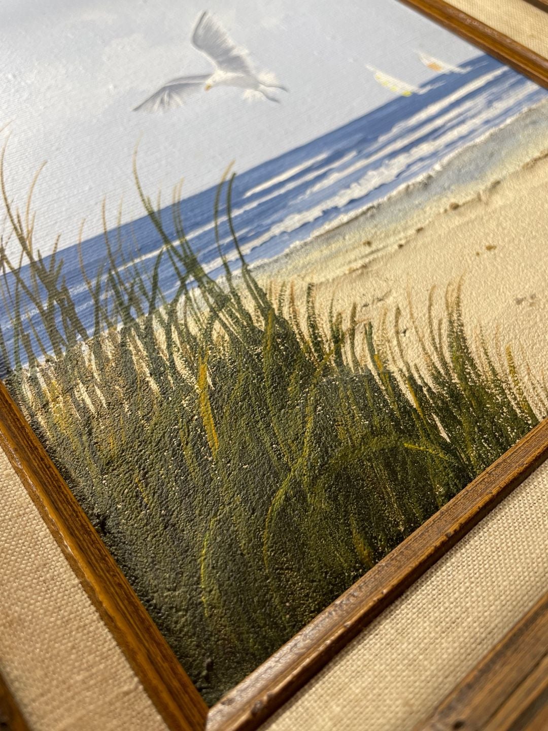 Gloria Pelkey Seagulls and Sailboats Coastal Seascape Sculptural Painting Framed 3