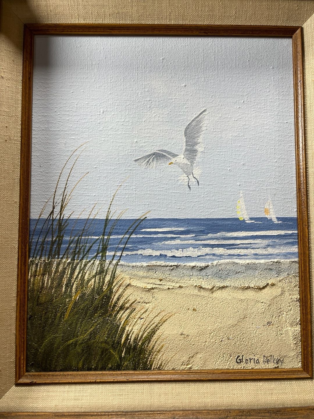 Gloria Pelkey Seagulls and Sailboats Coastal Seascape Sculptural Painting Framed 4