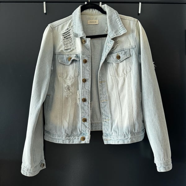 Mono B Distressed Light Wash Denim Jacket