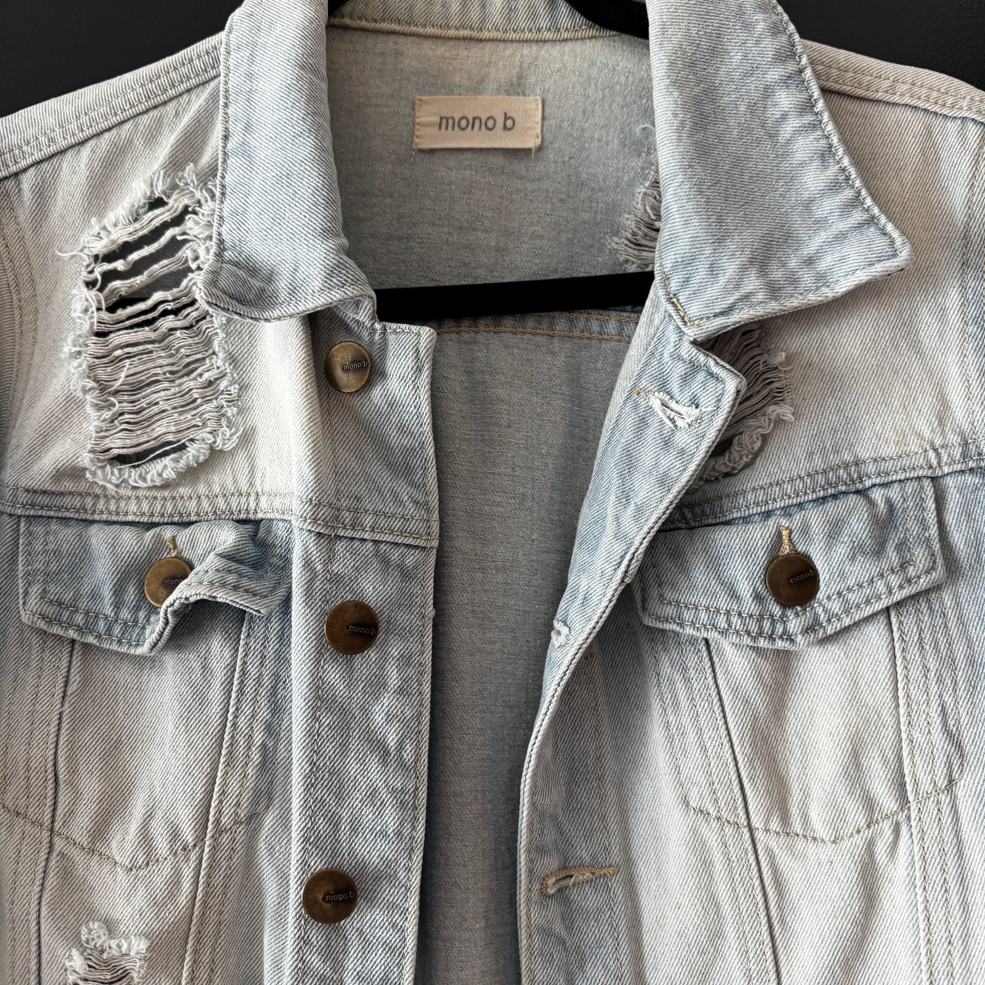 Mono B Distressed Light Wash Denim Jacket 4