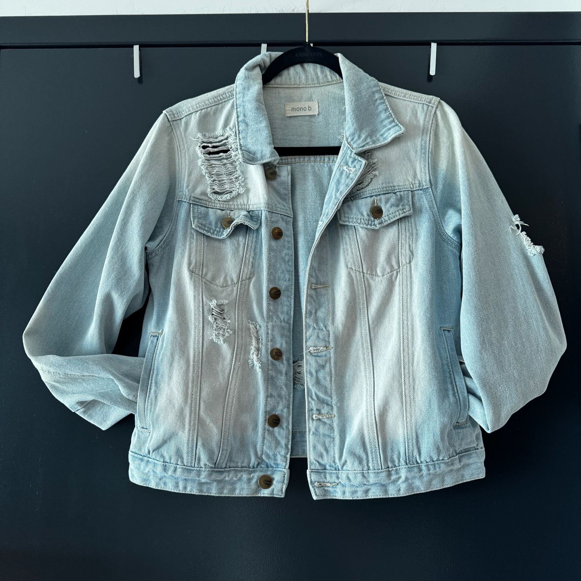 Mono B Distressed Light Wash Denim Jacket 5