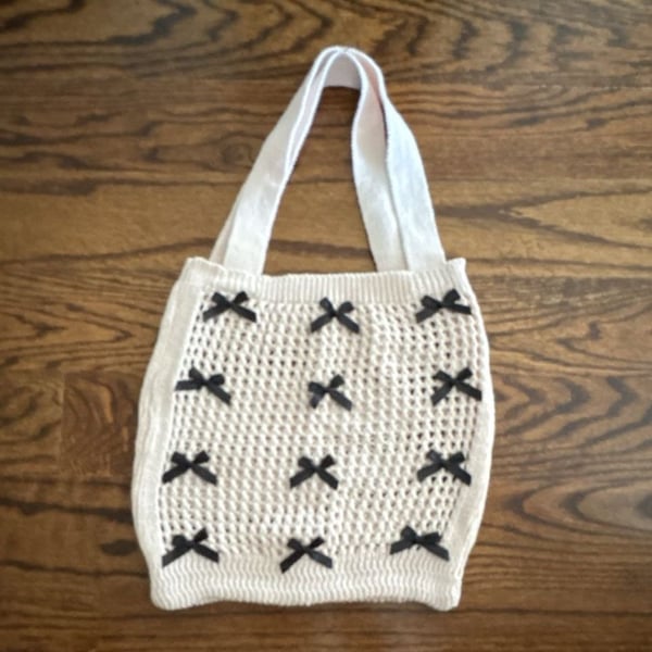 Knitted Mesh Shoulder Bag with Black Bows Crochet Handbag