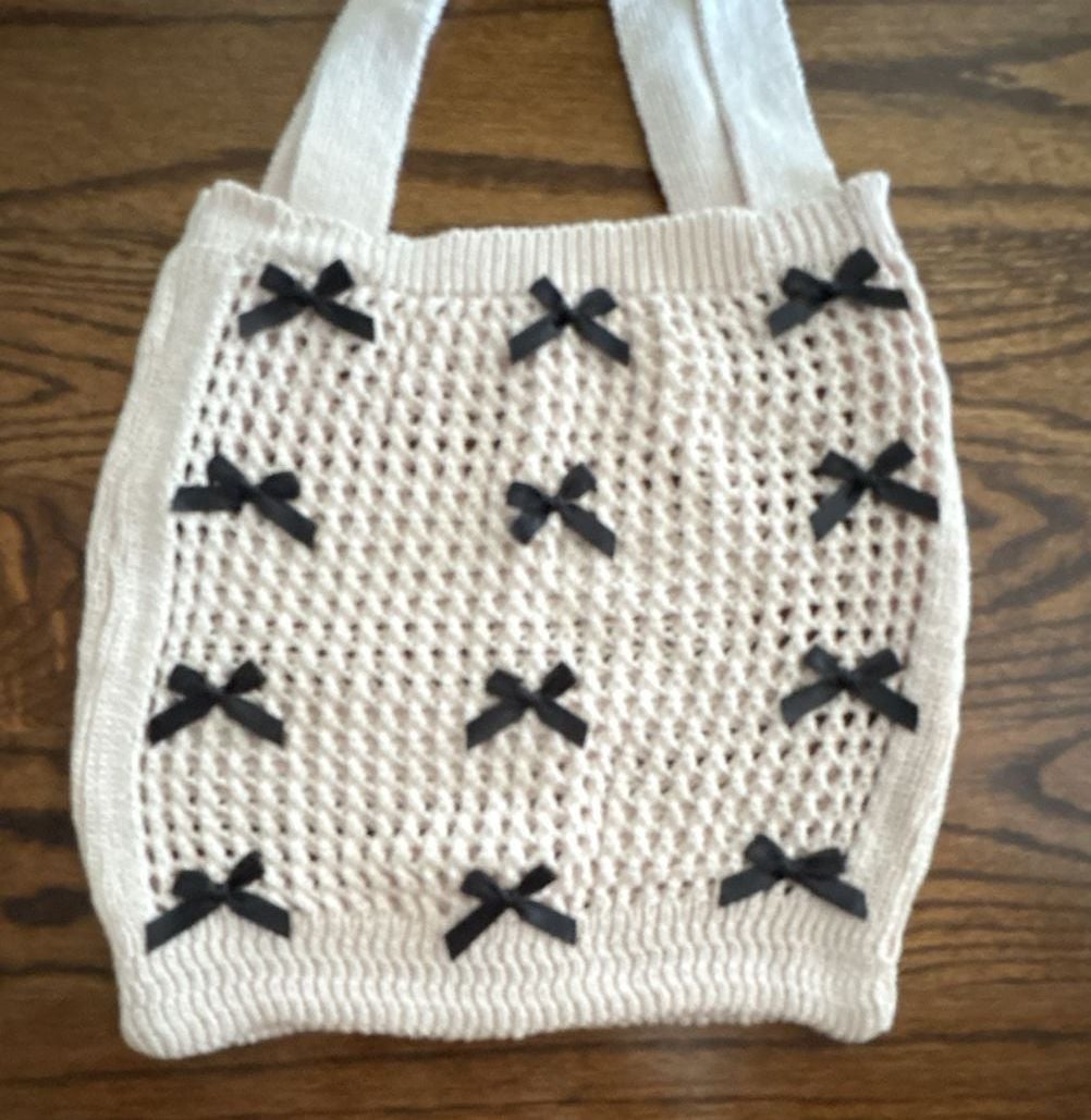 Knitted Mesh Shoulder Bag with Black Bows Crochet Handbag 3