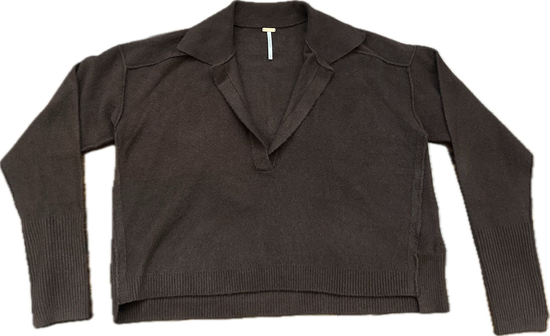 Free People Around Town Polo Sweater Chocolate Brown Open V-Neck Slouchy Size S 2