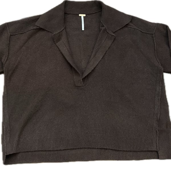 Free People Around Town Polo Sweater Chocolate Brown Open V-Neck Slouchy Size S