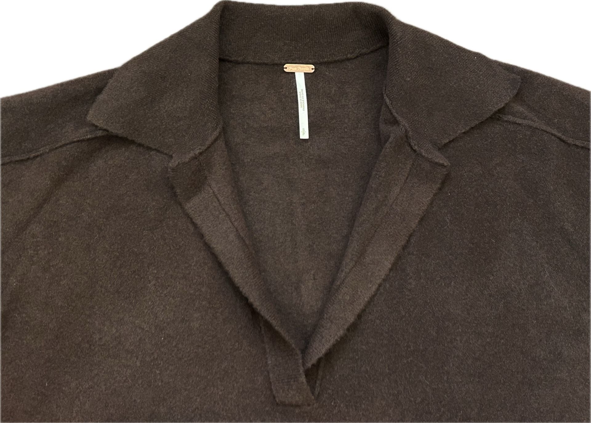 Free People Around Town Polo Sweater Chocolate Brown Open V-Neck Slouchy Size S 5