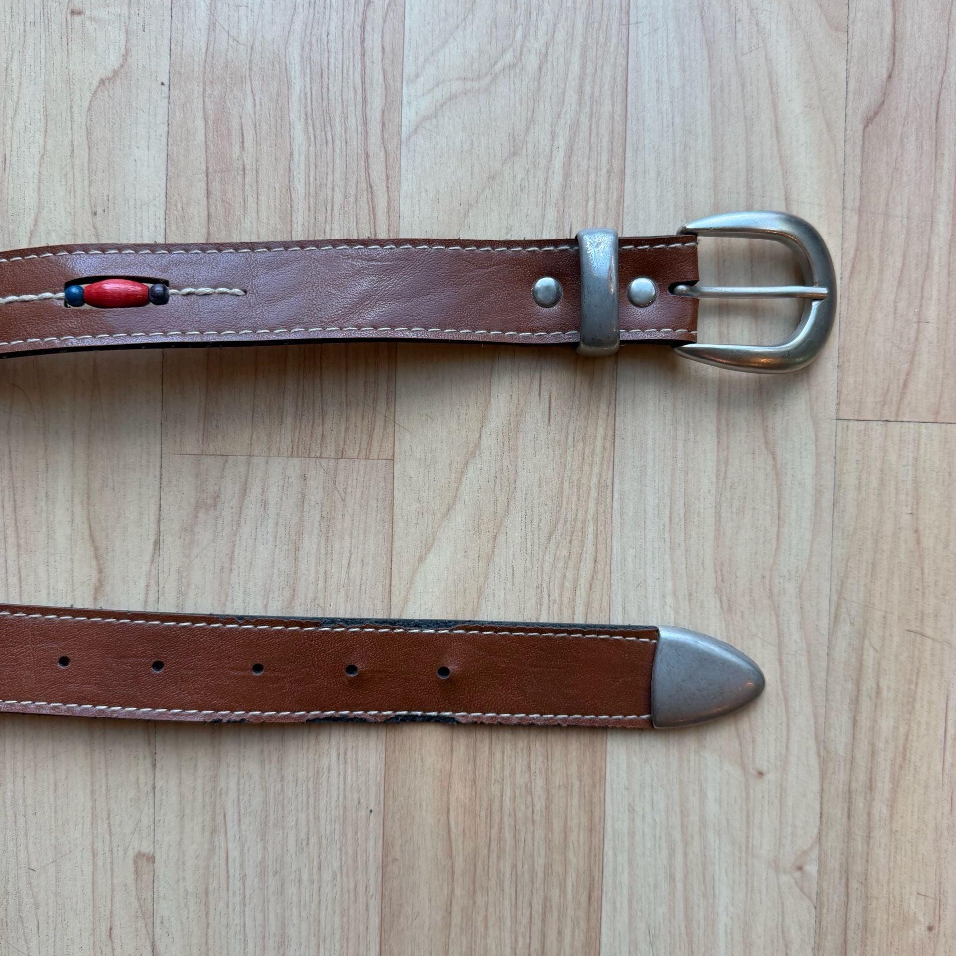 Vintage Brown Faux Leather Belt with Western Silver Buckle and Beaded Accents 1