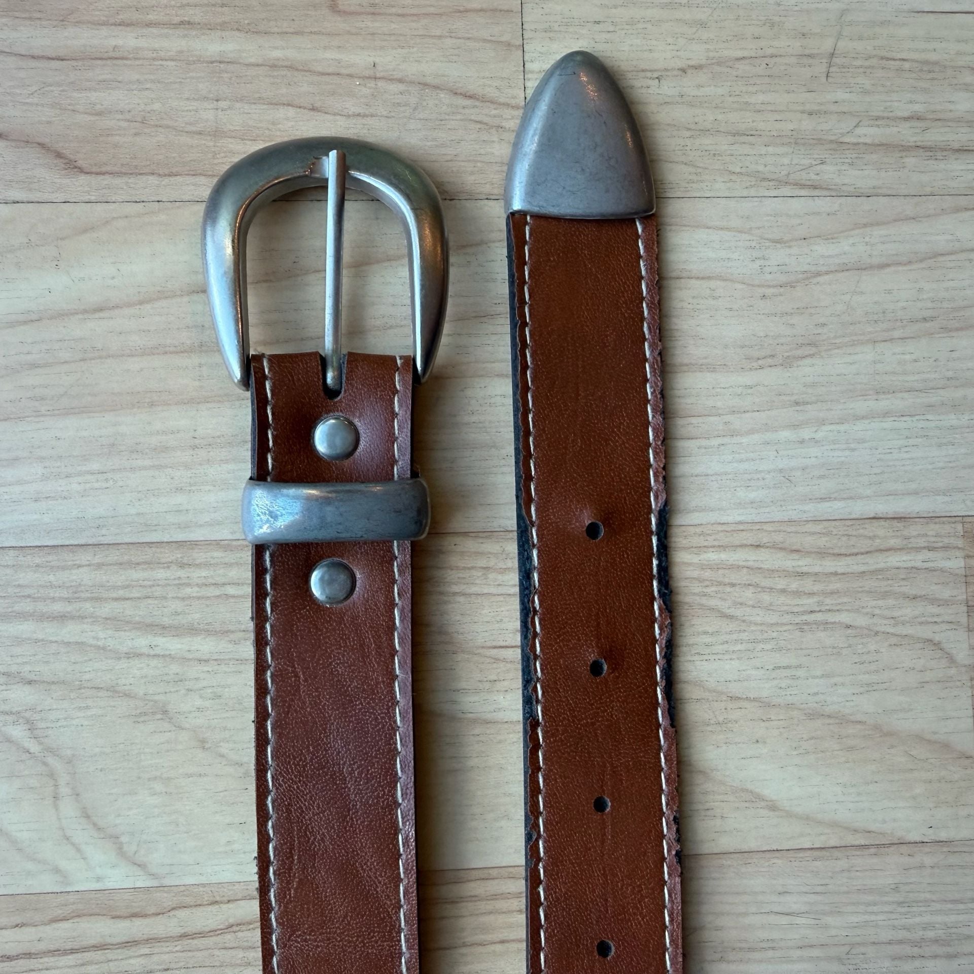 Vintage Brown Faux Leather Belt with Western Silver Buckle and Beaded Accents 3