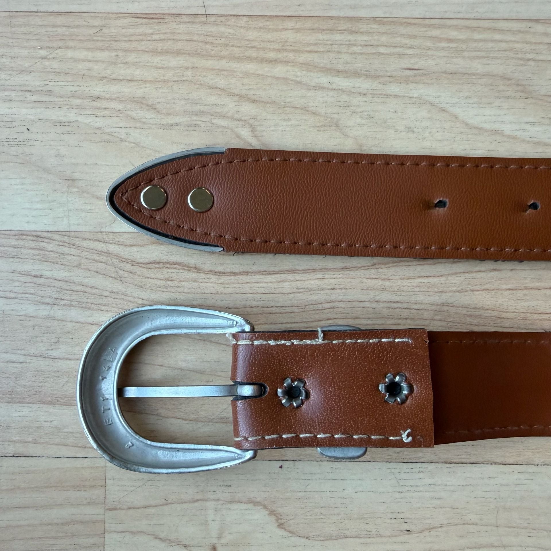 Vintage Brown Faux Leather Belt with Western Silver Buckle and Beaded Accents 4