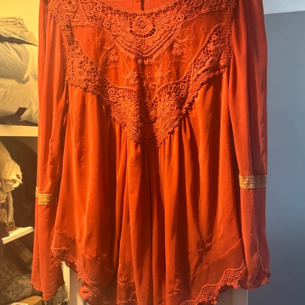 Indigo Thread Co. Orange Sheer Long Sleeve Blouse with Crochet Lace Trim Size L