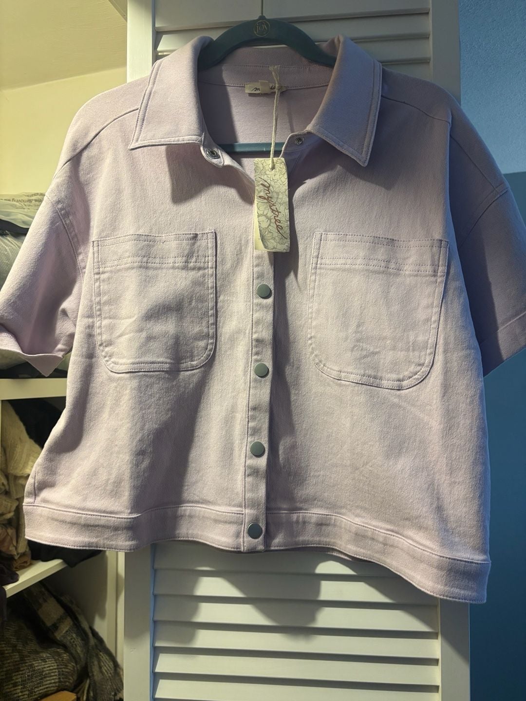 Mystree Lavender Short Sleeve Button Up Denim Shirt Jacket with Pockets 2