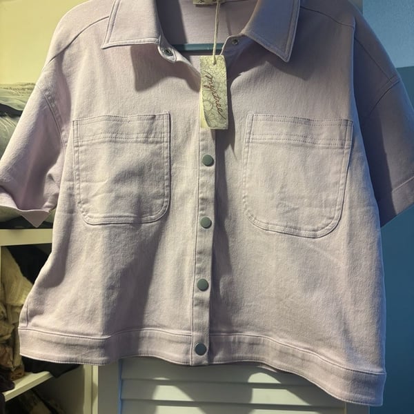 Mystree Lavender Short Sleeve Button Up Denim Shirt Jacket with Pockets