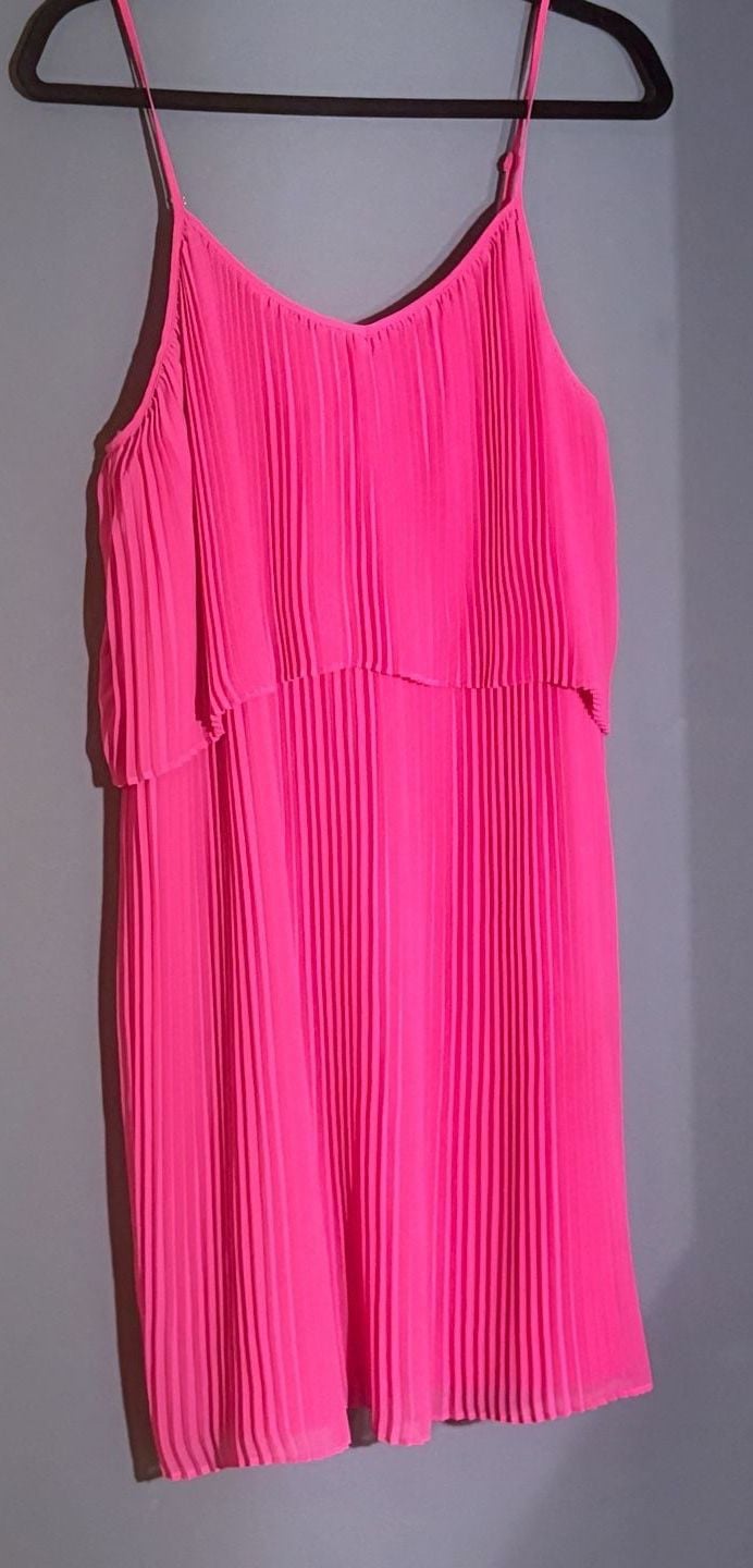 BCBGeneration Barbie Pink Pleated Tiered Mini Dress Large Spaghetti Strap 9