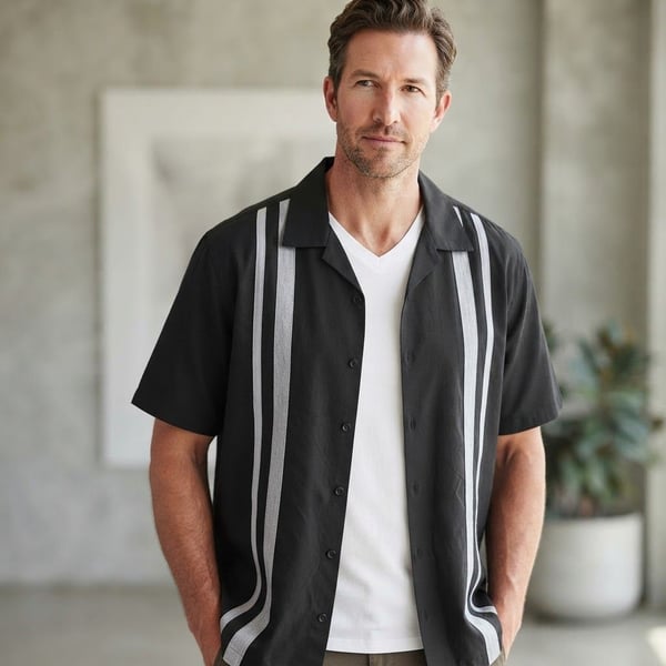 Cubavera Men's Panel Short Sleeve Button-Down Camp Collar Shirt, Jet Black, 2X
