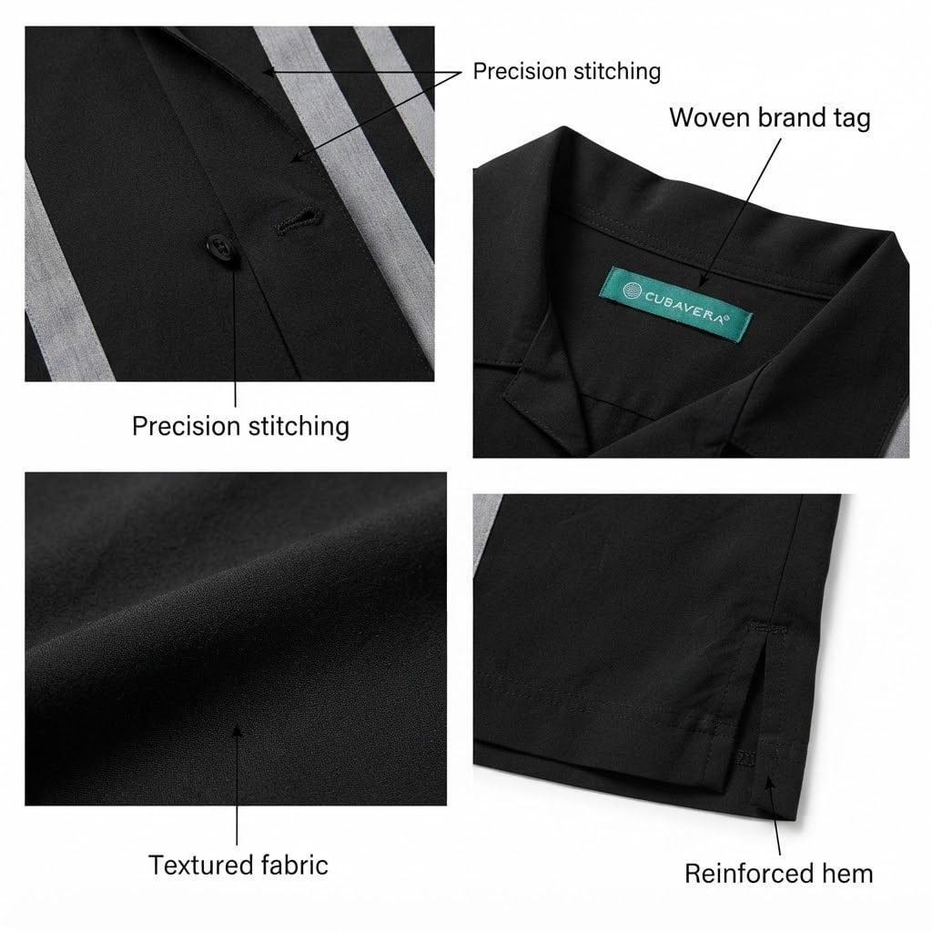 Cubavera Men's Panel Short Sleeve Button-Down Camp Collar Shirt, Jet Black, 2X 5