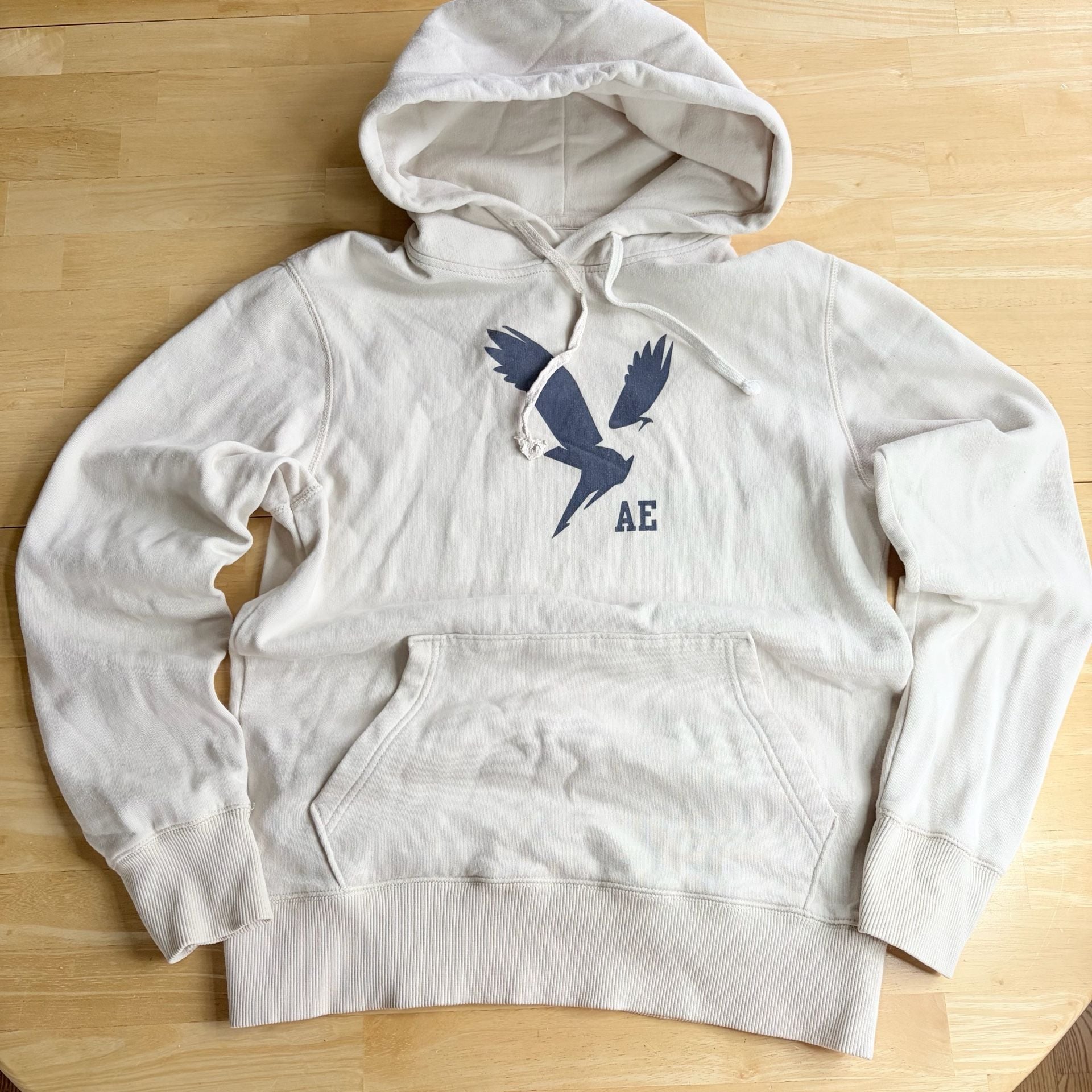 American Eagle Cream Hoodie With Blue Bird Logo Size S 2