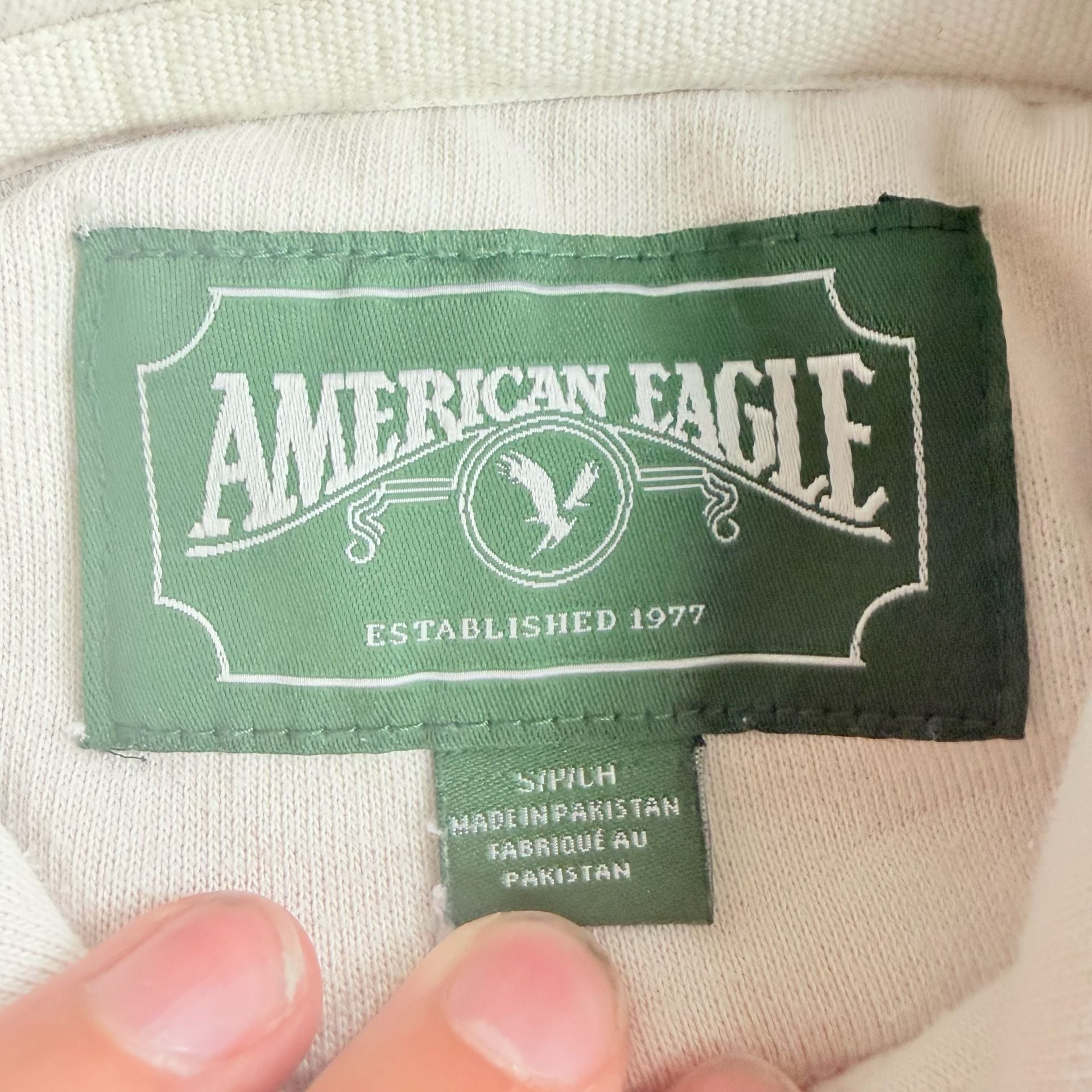 American Eagle Cream Hoodie With Blue Bird Logo Size S 4