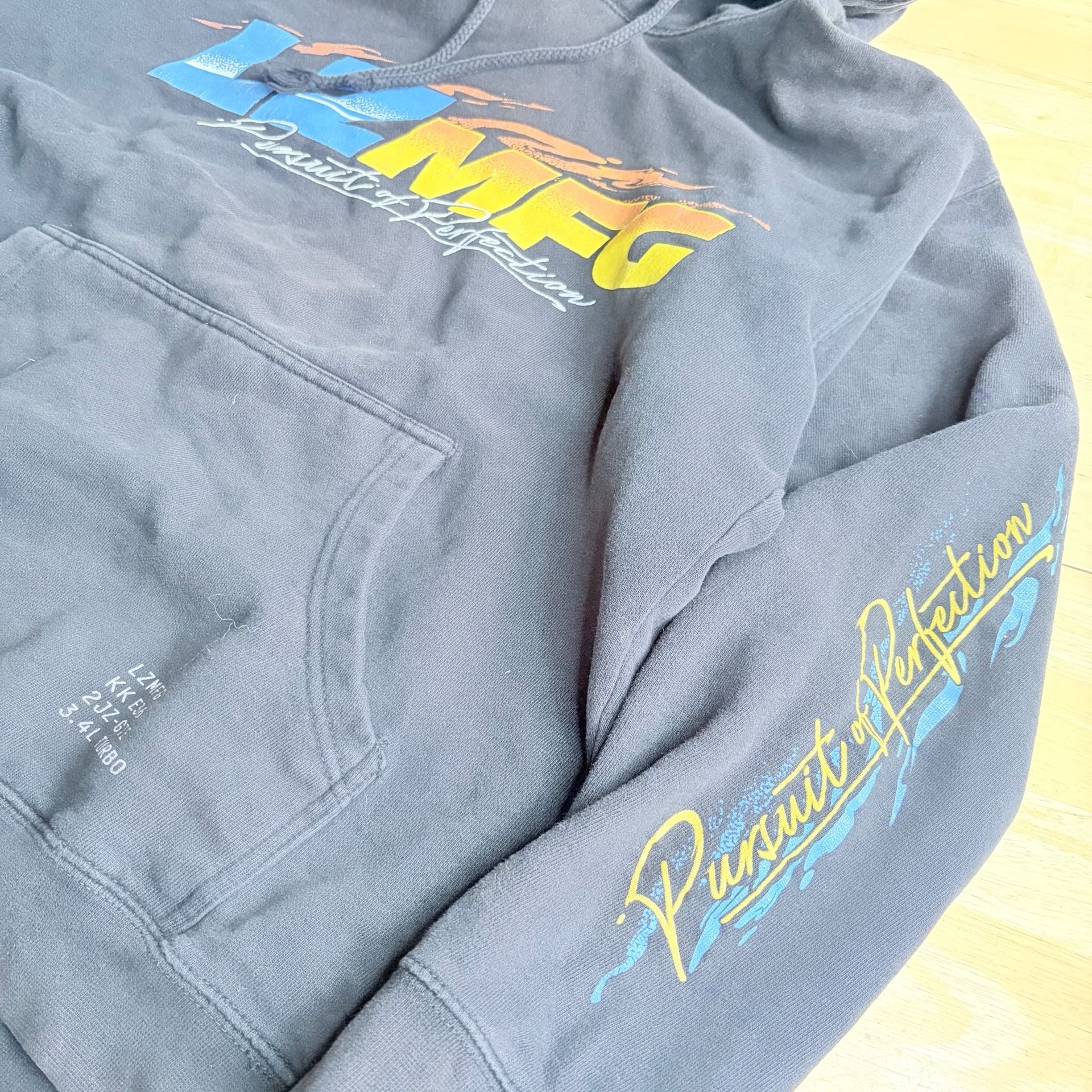 LZMFG Pursuit of Perfection E36 2JZ-GTE Car Sponsor Racing Graphic Hoodie Black Size S 3