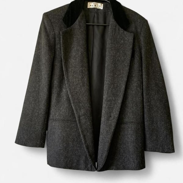 Petite Dumas Vintage Dark Grey Tweed Wool Blazer with Velvet Collar Style 1964-P Size 6