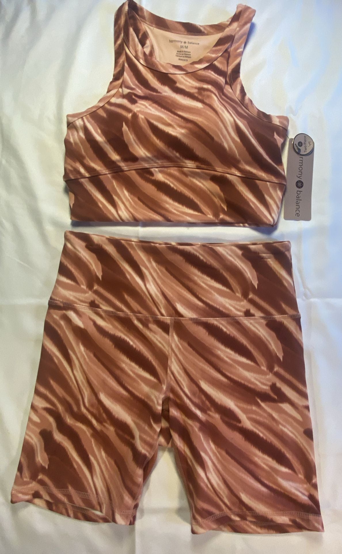 Athletic Harmony Balance Two Piece Set Sports Bra and Biker Shorts Mocha Zebra Print . 1