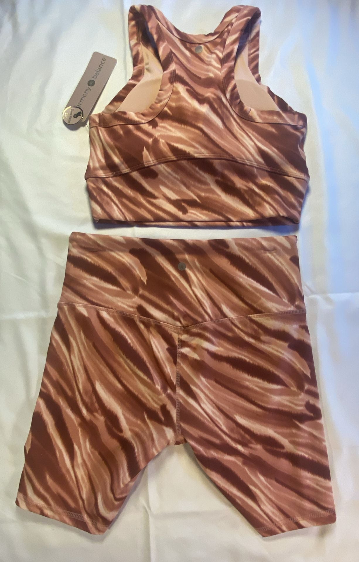 Athletic Harmony Balance Two Piece Set Sports Bra and Biker Shorts Mocha Zebra Print . 2